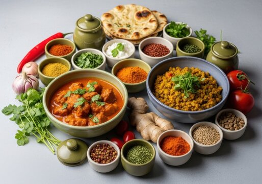 Assorted indian dishes with spices, herbs, and fresh vegetables on a table