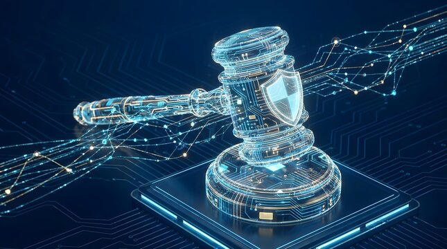A futuristic gavel rests on a tablet with a shield, surrounded by digital connections.