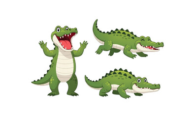 Fototapeta premium Three playful green alligators in cartoon style showing different actions and expressions