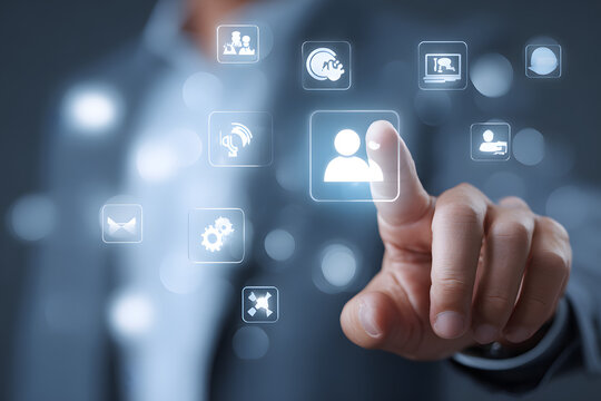 Man touching user interface with icons for different professional roles and services.