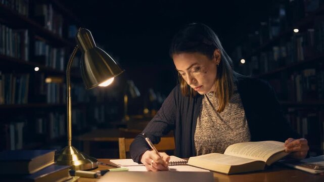 Focused young woman studying and taking notes in a cozy library at night with desk lamp light