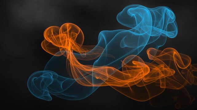 Abstract colorful swirling smoke patterns in blue and orange on black background for creative design
