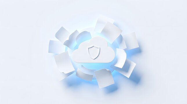 A shield on a glowing cloud surrounded by white blocks on a plain background