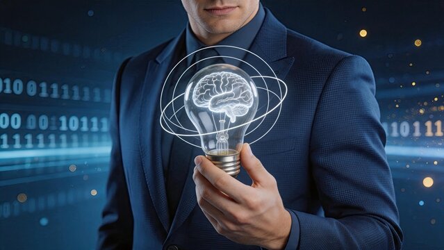 Man holding lightbulb containing human brain surrounded by binary code, representing innovation, intellectual property, creative thinking, artificial intelligence, neural