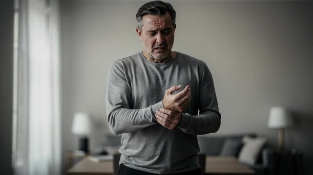 Middle aged man suffering from wrist pain at home stressed and uncomfortable lifestyle health concept