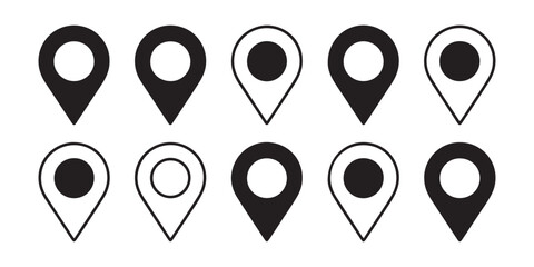 Map marker icon set with various line weights and fill styles for geographic tracking and navigation design. © Nayan Arts