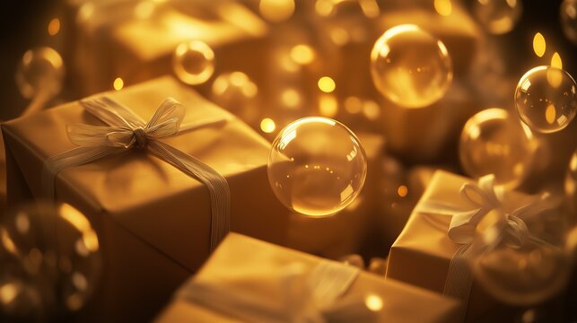 orbs. Festive glowing orbs and wrapped gifts with golden bubbles, creating a warm celebratory ambiance. lifestyle magazines.