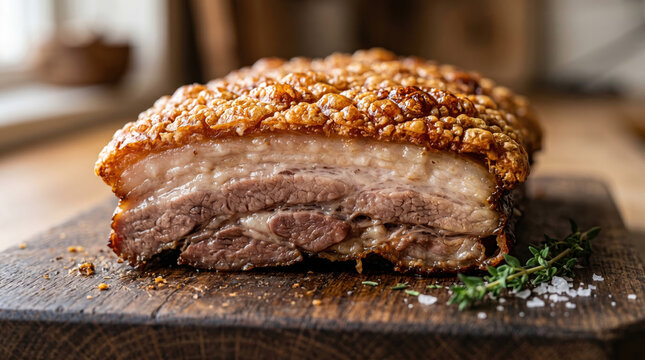 Crispy roasted pork belly roast pork pork belly crispy skin crackling sliced meat layered fat cooked pork meat closeup comfort food, rustic kitchen scene with savory crunch, golden crust, herbs