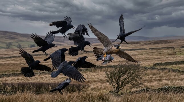 Peregrine Falcon with Prey Being Mobbed by a Group of Crows