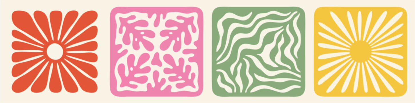 Retro Groovy Abstract Pattern Tile Set &mdash; Red Daisy, Pink Organic Blob, Green Wave, and Yellow Sunburst in Bold 70s Flat Style for Boho Wall Art, Sticker, and Surface Pattern