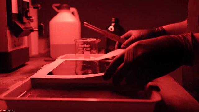 Darkroom Photography Developing Film in Red Light.