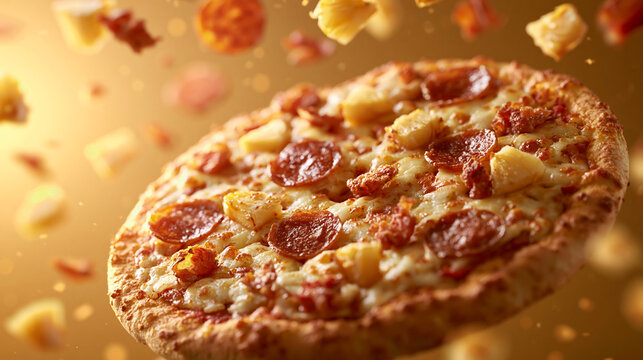 Cheese Pizza Floating with Flying Toppings on Warm Golden Background