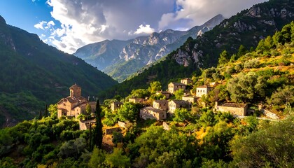 Fototapeta premium Ancient village nestled in lush green mountains under cloudy sky