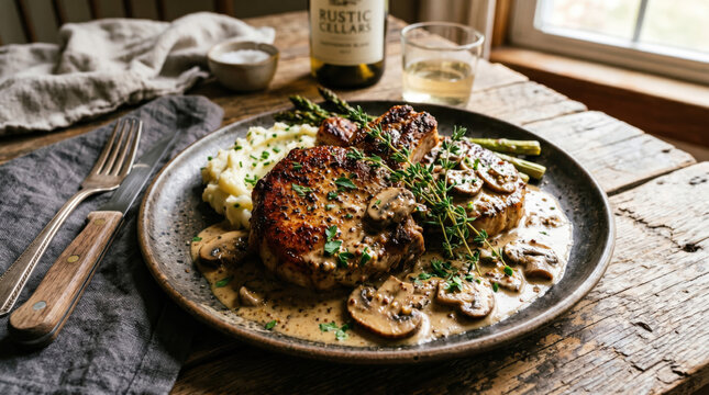 Pork chop mushroom sauce pan seared creamy dinner rustic pork chop plated with creamy mushroom sauce, pan seared crust, mashed potato, asparagus garnish rustic table near window light