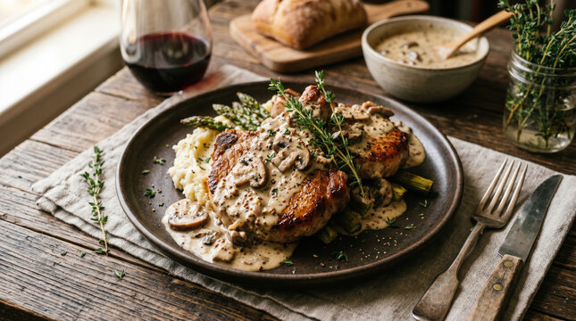 Pan seared pork chop creamy mushroom sauce dinner rustic table skillet meal asparagus comfort food gourmet red wine