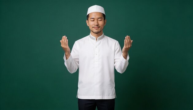 Devout Asian Muslim Man Praying With Hands Raised In Studio