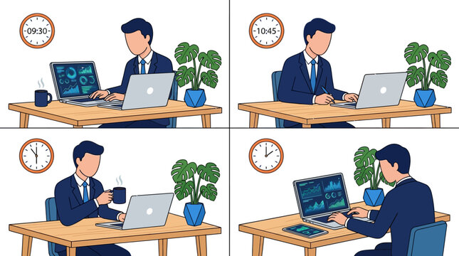Businessman daily routine and productivity illustration showing a man working at his desk with laptops and data charts at different times of the day from morning until afternoon in clean flat style.