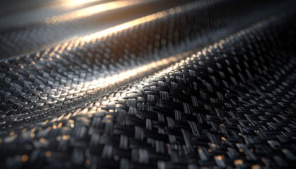 Fototapeta premium Realistic macro close-up of carbon fiber texture, woven pattern detail, seamless modern tech background, photorealistic, dramatic lighting, ultra sharp focus, shallow depth of field.