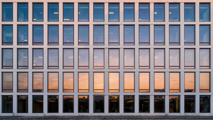 Obraz premium Modern Building Facade with Reflective Glass Windows and Sunset Sky