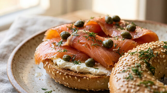 Smoked salmon bagel cream cheese caper dill sandwich Open faced bagel sandwich topped with smoked salmon slices, cream cheese, caper, dill garnish ceramic plate soft morning light, close up food