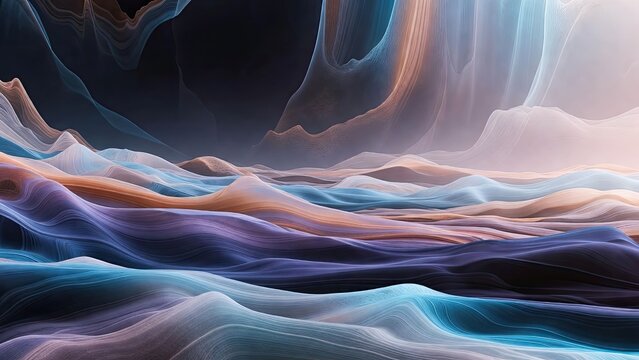 Abstract layered wave patterns in digital art surreal landscape gigapixel art vibrant environment