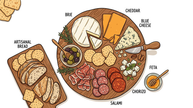Hand-drawn labeled charcuterie board illustration featuring brie, cheddar, blue cheese, feta, salami, chorizo, prosciutto, artisanal bread, olives, and honey on rustic wooden serving platters.