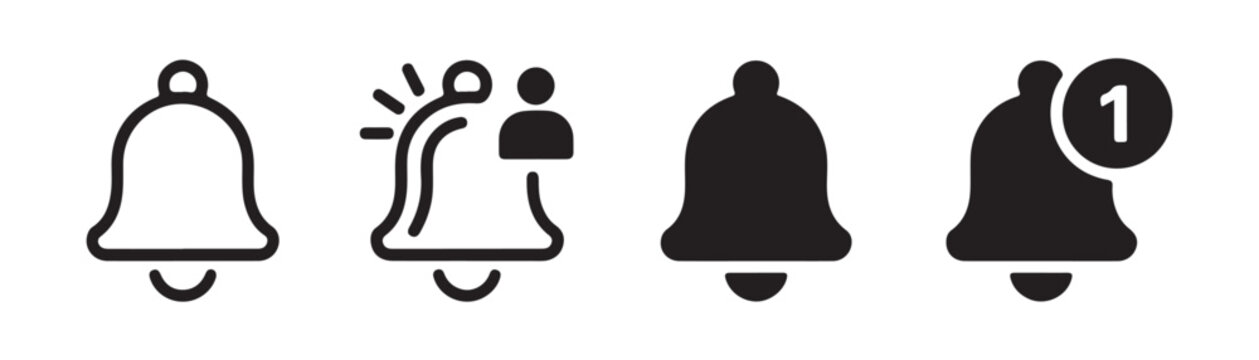 Notification bell icon set with outline and solid versions including message alert and user profile indicator.