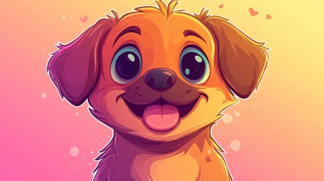Cute cartoon dog portrait, happy expression, soft colors, background hearts