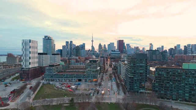 Toronto Bayview Corridor CN Tower Skyline Early Spring Golden Hour 4K Drone