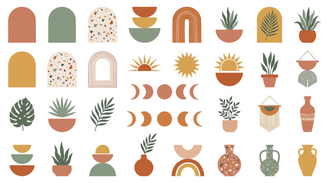 Modern boho aesthetic collection featuring various botanical elements minimalist suns moons and abstract geometric shapes for contemporary artistic surface design projects
