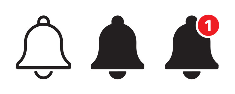 Three black bell icons in outline solid and with notification badge showing number one on transparent background.