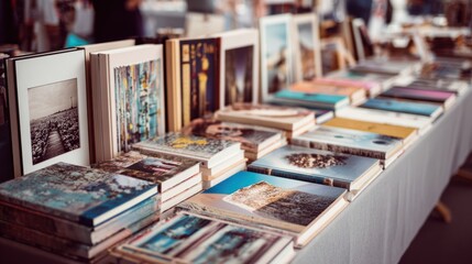 Naklejka premium Photo books displayed on a table at an art fair showcasing a diverse collection of printed materials with colorful, textured covers and varied sizes