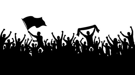 Fototapeta premium Black Silhouette of a Cheering Crowd of People at a Sports Event or Protest with Raised Hands and Flags on a White Background for Celebration, Concert, or Demonstration Concepts