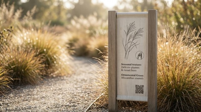 Minimal wooden botanical interpretive sign for ornamental grass, framed fabric panel with Miscanthus sketch, QR code, and golden gravel pathway through softly glowing summer border planting bed