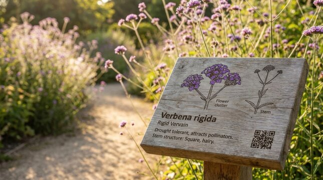 Sunlit meadow botanical interpretive sign for Verbena rigida, weathered wooden plaque with purple flower diagrams, QR code, and soft garden path bokeh in a summer pollinator habitat nature scene