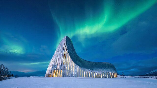Arctic Twilight Over the Northern Lights Cathedral in Alta Norway with Aurora Borealis Glow
