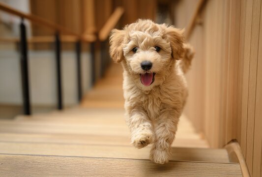 Playful golden doodle puppy running joyfully on wooden floor with fluffy curly fur and bright expressive eyes