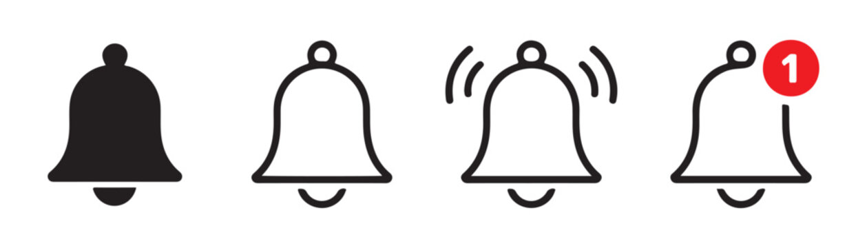 Set of notification bell outline icons with vibrating effects and red numerical alert badges for ui design.