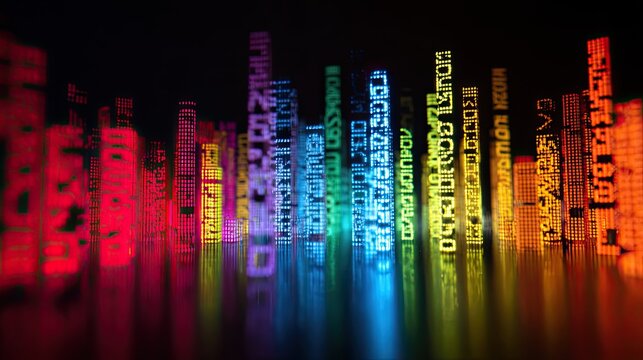 Futuristic digital data stream with neon light effect, symbolizing data transmission and network technology