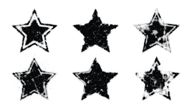 Six black halftone stars graphic vector illustration on transparent background, scattered star shapes, dotted pattern, awards and recognition elements.