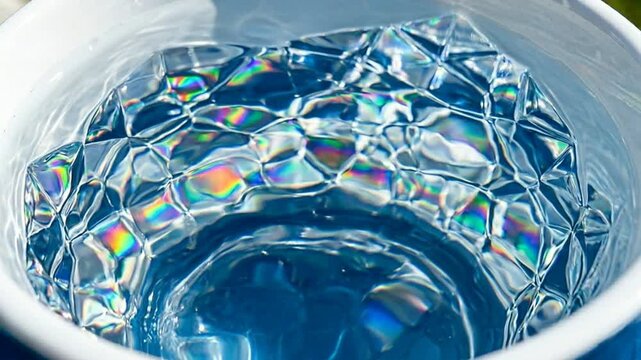 Macro close-up of water surface with iridescent prism light refraction and geometric caustics