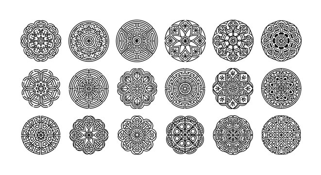 Circular Mandala Ornament Set with Intricate Indian Floral Details for Coloring Books, Henna Tattoos, Meditation Layouts, and Bohemian Style Graphic Designs