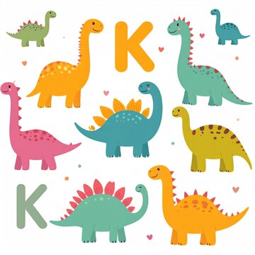Whimsical illustration features colorful, smiling cartoon dinosaurs and "K" letters on white background