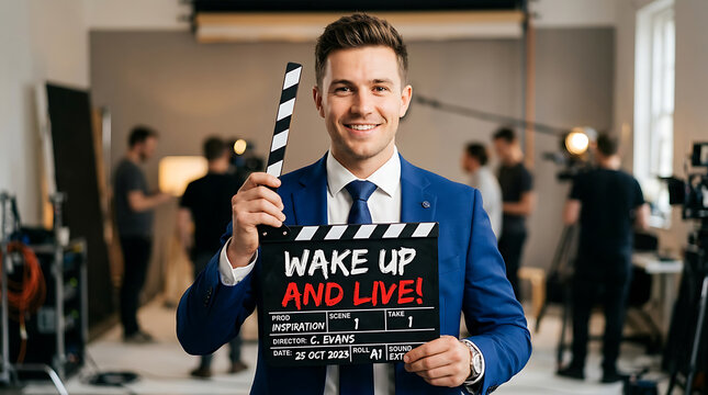Man in blue suit smiling holding clapperboard with text wake up and live male person happy