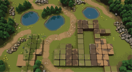 Fototapeta premium Isometric 3D game map tileset, low poly forest environment with ponds and dirt paths, modular terrain blocks for level design and strategy games