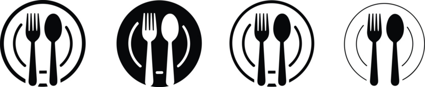 cutlery icon set with fork and spoon in a circle black and white