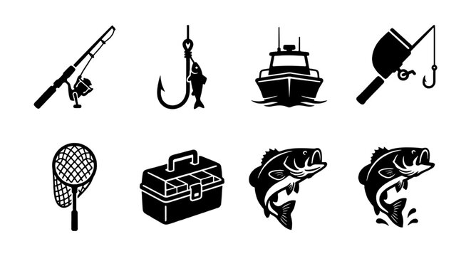 Fishing Icons Set: Rod, Reel, Tackle Box, Boat, Fish, Net
