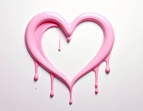Abstract pink heart shape made of dripping paint on a white background, representing love and emotions