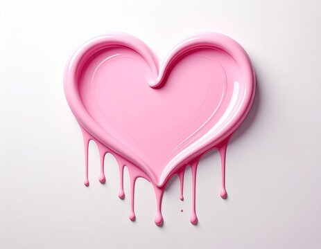 A vibrant, glossy pink heart melting and dripping gracefully on a clean white background, symbolizing affection, sweetness, and passionate love with a modern artistic touch
