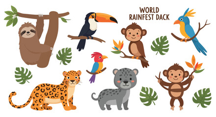 Naklejka premium Tropical rainforest animal collection with cute jungle wildlife, exotic world rainforest pack of 10 icons, cartoon sloth monkey and leopard vector